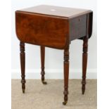 AN EARLY VICTORIAN MAHOGANY AND EBONY LINE  INLAID DROP LEAF WORK TABLE, C1870, FITTED WITH