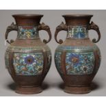 A PAIR OF CHINESE CHAMPLEVE ENAMELLED BRONZE VASES, LATE 19TH/EARLY 20TH C, 30CM H Dirty and casting