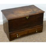 A WELSH OAK MARRIAGE CHEST OR COFFORBACH, 18TH C, WITH DETACHABLE LID, THE MOULDED DRAWER WITH BRASS