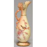 A LOCKE & CO WORCESTER RETICULATED EWER, C1902-14, PRINTED AND PAINTED WITH A BIRD ON BLOSSOM, ON