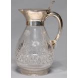 AESTHETIC MOVEMENT. A VICTORIAN EPNS MOUNTED CUT GLASS CLARET JUG, C1885, WITH PIERCED THUMBPIECE,