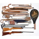 A QUANTITY OF WALKING STICKS, SHOOTING STICKS AND OTHERS, TWO WEBLEY AND SCOTT AND BSA METEOR AIR