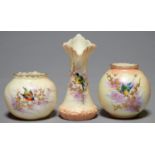 THREE LOCKE & CO WORCESTER VASES, C1902-14, PAINTED WITH A BIRD ON A RAISED GILT BRANCH, ON SHADED