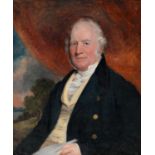 ENGLISH SCHOOL, EARLY 19TH C ? PORTRAIT OF A GENTLEMAN, SEATED HALF-LENGTH IN WHITE STOCK, YELLOW