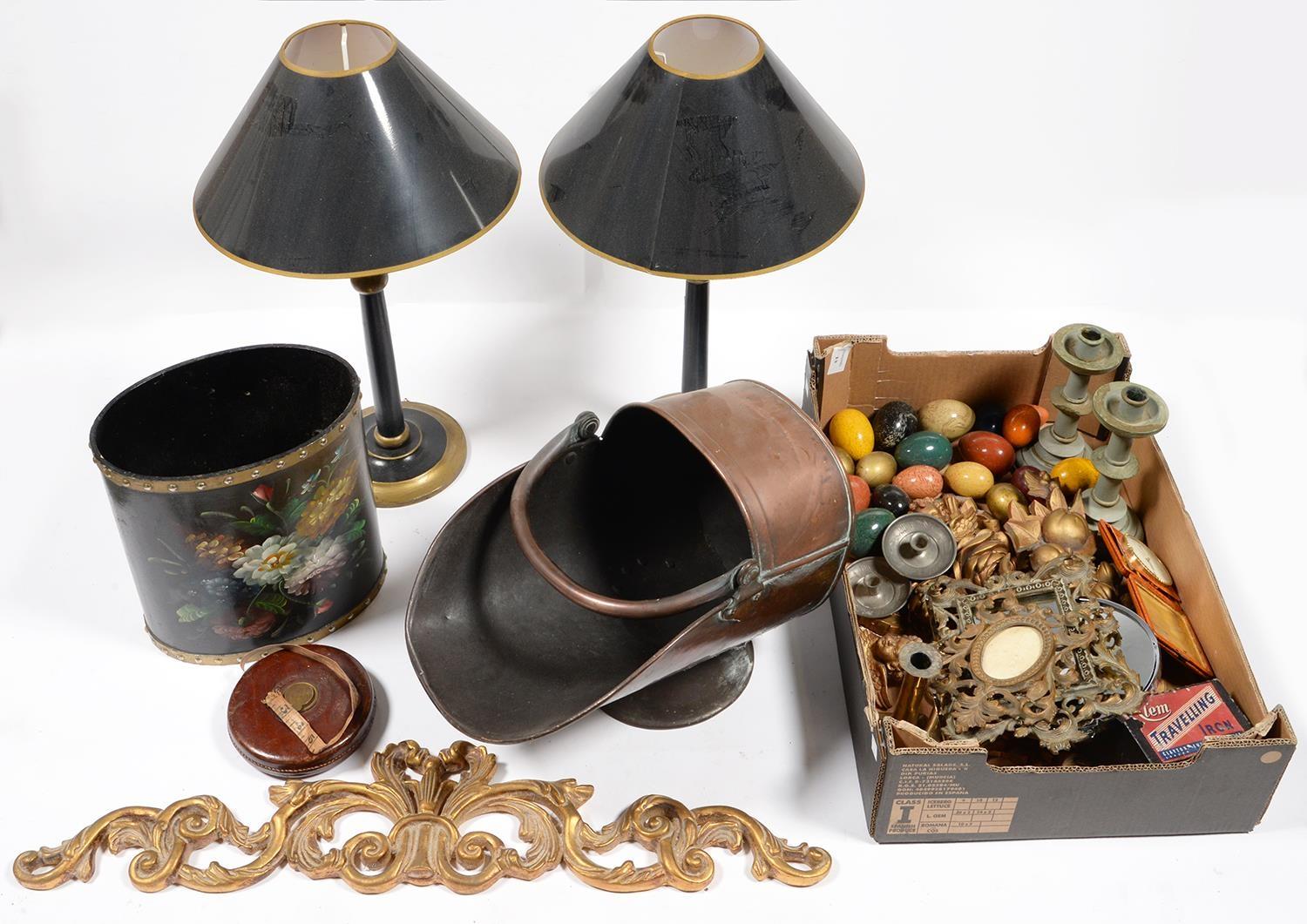 MISCELLANEOUS ITEMS INCLUDING GILTWOOD PELMETS, COPPER COAL SCUTTLE, ETC