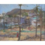 MARY JACKSON RWS, NEAC (1936-) - TEMPLE AT MOUNT ABU, SIGNED WITH INITIALS, OIL ON BOARD, 24 X