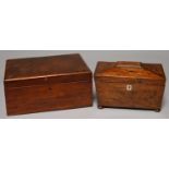 AN EARLY VICTORIAN ROSEWOOD TEA CHEST, THE DIVIDED INTERIOR RETAINING PAIR OF COVERS WITH TURNED