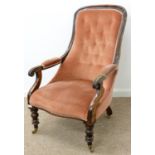 A VICTORIAN MAHOGANY ARMCHAIR, C1870, ON TURNED FORELEGS WITH BRASS CASTORS, SEAT HEIGHT 38CM Old