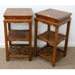 A  PAIR OF CHINESE SQUARE STAINED WOOD STANDS,  MID 20TH C, WITH SLIGHTLY INSET PANELLED UNDERTIER