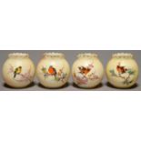TWO PAIRS OF LOCKE & CO WORCESTER MINIATURE GLOBULAR VASES, C1902-14, PAINTED WITH A BIRD ON BLOSSOM