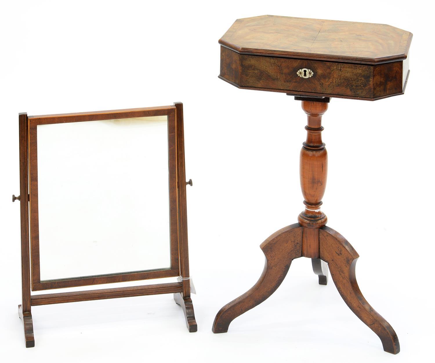 A FRENCH MAHOGANY WORK TABLE ON AN ASSOCIATED TRIPOD BASE, 72CM H; 41 X 30CM AND A CONTEMPORARY
