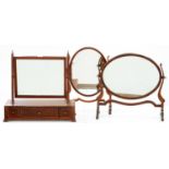 A VICTORIAN MAHOGANY AND LINE INLAID DRESSING MIRROR, WITH OGEE FEET, 51CM W AND TWO OTHERS, SIMILAR