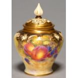 A ROYAL WORCESTER POT POURRI VASE AND COVER, 1956, PAINTED BY FREEMAN, SIGNED, WITH FRUIT BENEATH