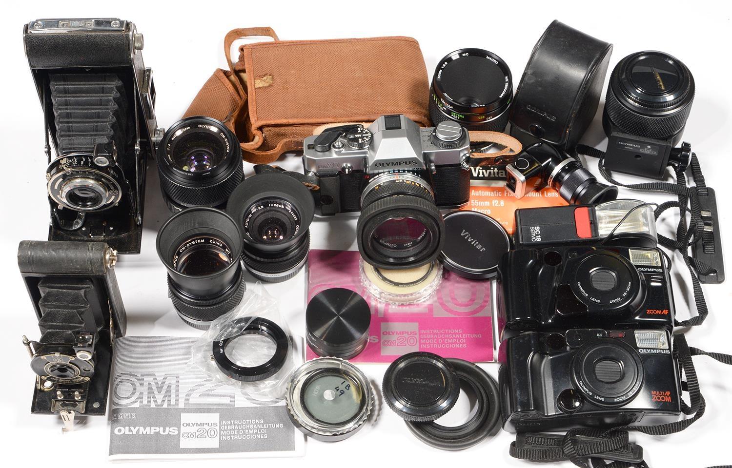 AN OLYMPUS OM20 35MM SLR CAMERA OUTFIT, VARIOUS OTHER CAMERAS, INCLUDING EARLIER 1930'S ENSIGN