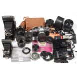 AN OLYMPUS OM20 35MM SLR CAMERA OUTFIT, VARIOUS OTHER CAMERAS, INCLUDING EARLIER 1930'S ENSIGN