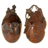 TWO SIMILAR JAPANESE BRONZED METAL WALL POCKETS, MEIJI PERIOD, ONE IN THE FORM OF A HATCHLING,