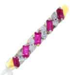 A STEP CUT RUBY AND DIAMOND RING, 18CT GOLD HOOP, 3.2G, SIZE V½ Good condition