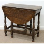 AN OAK GATELEG TABLE, SECOND HALF 18TH C, ON BALUSTER LEGS UNITED BY STRETCHERS, 70CM H; 83 X