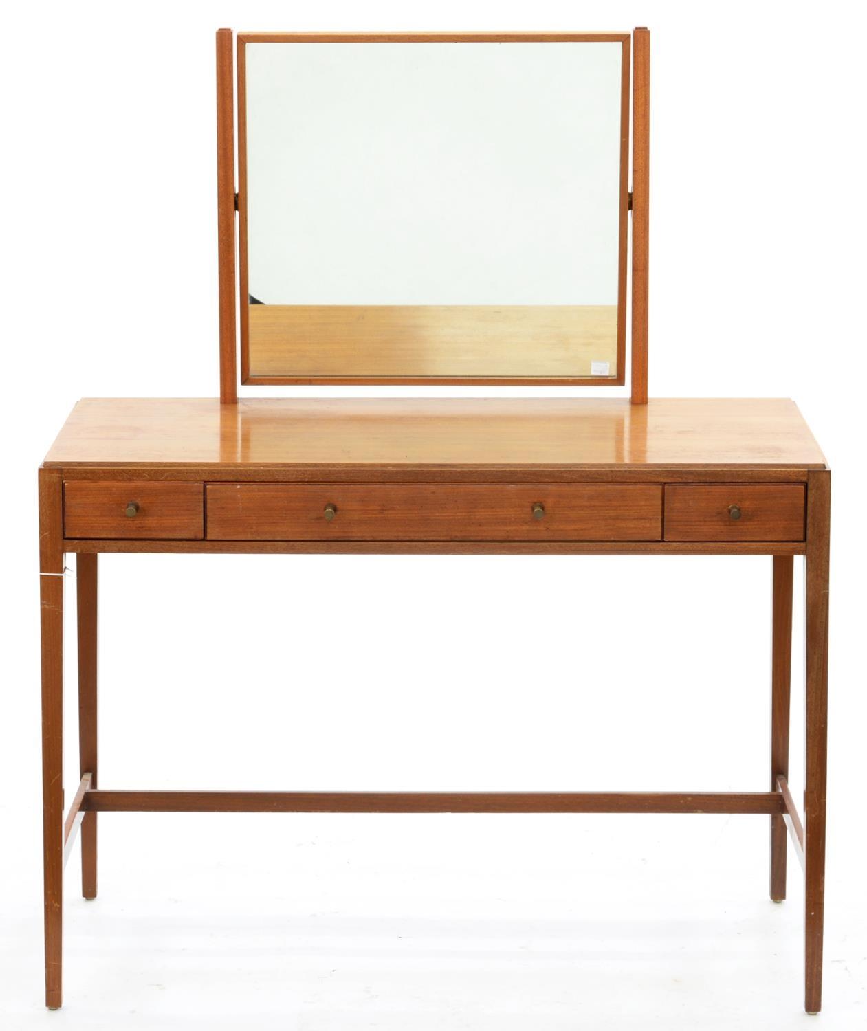 A LOUGHBOROUGH 1960'S TEAK MIRROR BACKED DRESSING TABLE ON SQUARE TAPERING LEGS AND STRETCHER
