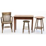 AN OAK ELBOW CHAIR, AN ASH STOOL, 53CM H, AN OAK OCTAGONAL OCCASIONAL TABLE, 58CM H X 43CM W AND A