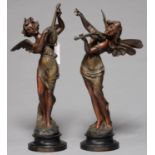 A PAIR OF FRENCH FIN DE SIECLE SPELTER FIGURES OF WINGED FEMALE MUSICIANS, C1900, ON EBONISED WOOD