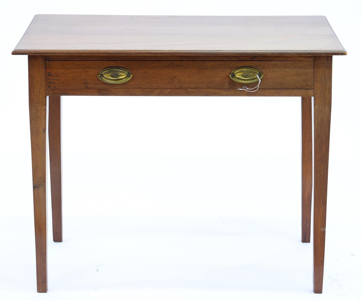 A MAHOGANY SIDE TABLE ON SQUARE TAPERING LEGS, 74CM H; 92 X 51CM Table very faded, some marks to top