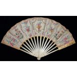 A FAN, EARLY 19TH CENTURY, THE LEAF PAINTED IN BRIGHT COLOURS WITH TROPHIES AND FLOWERS AND SEQUIN