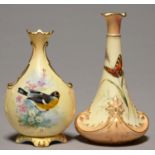TWO LOCKE & CO WORCESTER VASES, C1896-1903 AND C1902-14, THE FIRST PAINTED WITH A BUTTERFLY, THE