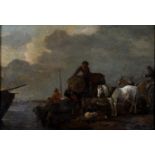 FOLLOWER OF PHILIPS WOUWERMAN - RIVER SCENE WITH FIGURES LOADING A BOAT, OIL ON PANEL, 25 X 36CM
