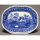A COPELAND GADROONED BLUE PRINTED EARTHENWARE TOWER PATTERN MEAT DISH, EARLY 20TH C, WITH MOULDED
