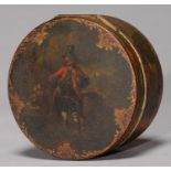 A CONTINENTAL LACQUER SNUFF BOX, PROBABLY GERMAN, C1780, THE LID PAINTED WITH A GRENADIER, THE SIDES