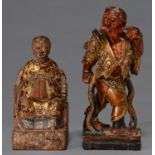 TWO CHINESE LACQUERED WOOD FIGURES, LATE 19TH C, 12.5 AND 15.5CM H Chipped and worn, head of smaller
