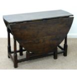 AN OAK GATELEG TABLE, SECOND HALF 18TH C, FITTED WITH A DRAWER, ON TAPERING TURNED LEGS UNITED BY