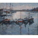 RAY DENTON (1939-) - NEWLYN EVENING, SIGNED, OIL ON CANVAS, 29.5 X 34.5CM Good condition