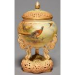 A GRAINGER WORCESTER RETICULATED POT POURRI VASE AND COVER, 1901, PAINTED BY JAMES STINTON WITH