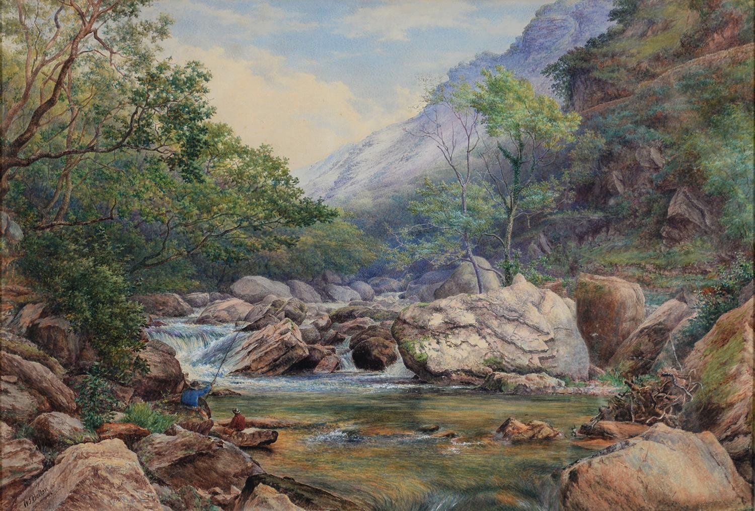 WILLIAM TREACHER BOLTON (1816-1884) -ANGLERS FISHING ON A MOUNTAIN STREAM, SIGNED, WATERCOLOUR, 44 X