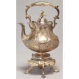 A VICTORIAN EPNS TEA KETTLE, C1870, OF GLOBULAR FORM, THE DOMED LID WITH BIRD KNOP, CRISPLY CHASED
