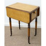 A BIRD'S EYE MAPLE AND MAHOGANY DROP LEAF TABLE, ENGLISH OR FRENCH, C1860, FITTED WITH DRAWERS TO