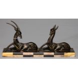 A FRENCH ART DECO BRONZED SPELTER GROUP OF DEER ON MARBLE BASE, C1930, 48CM L Good condition