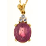 A DIAMOND AND CUSHION SHAPED PINK STONE PENDANT, IN GOLD, MARKED 750, 26MM AND A GOLD NECKLET,