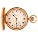 A 15CT GOLD HUNTING CASED KEYLESS LEVER WATCH, THOMAS RUSSELL & SON LIVERPOOL, WITH WALTHAM