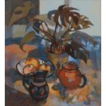 MOIRA GAY HUNTLY RI, PS (1932 - ) - STILL LIFE WITH SWISS CHEESE PLANT II, SIGNED, SIGNED AGAIN