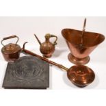 MISCELLANEOUS METALWARE, INCLUDING CAST IRON FIREBACK AND COPPER COAL SCUTTLE, ETC