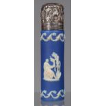 A VICTORIAN SILVER MOUNTED WEDGWOOD DARK BLUE JASPER DIP SCENT BOTTLE AND EMBOSSED CAP, 68MM H,