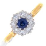 A SAPPHIRE AND DIAMOND CLUSTER RING, 18CT GOLD HOOP, HEAD 7MM, BIRMINGHAM 1960, 3.G, SIZE M½ Good