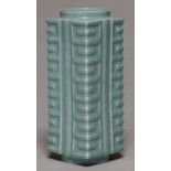 A CHINESE CELADON VASE, CONG, INCISED WITH CALLIGRAPHY TO EACH SIDE, 22CM H Good condition