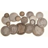 MISCELLANEOUS UNITED KINGDOM SILVER COINS, PRINCIPALLY A GEORGE III CROWN AND VICTORIAN FLORINS