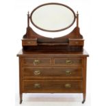AN EDWARDIAN INLAID MAHOGANY MIRROR BACKED DRESSING TABLE, CROSSBANDED IN SATINWOOD, 158CM H X 107