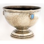 LIBERTY & CO. A PEWTER ROSE BOWL, C1910, APPLIED WITH THREE SEMI-OPALESCENT GLASS 'JEWELS', 11.5CM