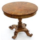 AN ITALIAN OLIVE WOOD PEDESTAL TABLE, MID 19TH C, ON TURNED PILLAR AND PEDESTAL BASE, THE RADIALLY